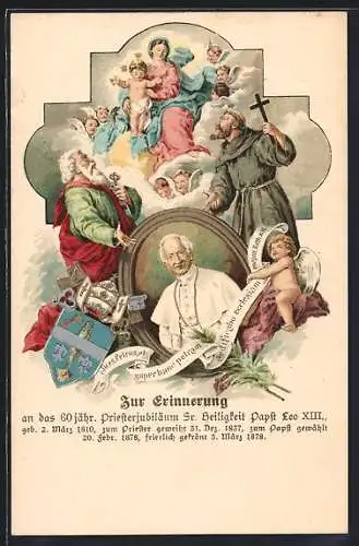 Künstler-AK Bildnis Papst Leo XIII., Zur Erinnerung an das 60 jährige Priesterjubiläum