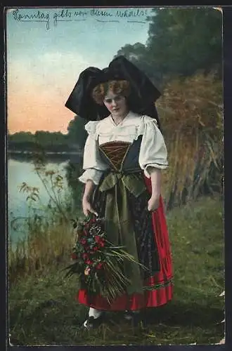 AK Frau in elsässer Tracht mit Blumenstrauss am Ufer