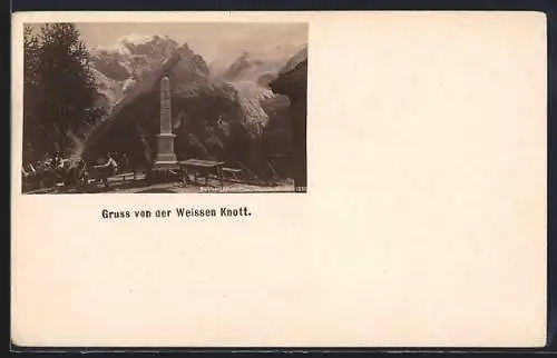 AK Stilfserjoch, Weisse Knott, Denkmal mit Bergen