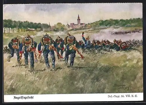 Künstler-AK Döbrich-Steglitz: Angriffsgefecht, Inf.-Regt. 56. VII. U.k., Infanterie