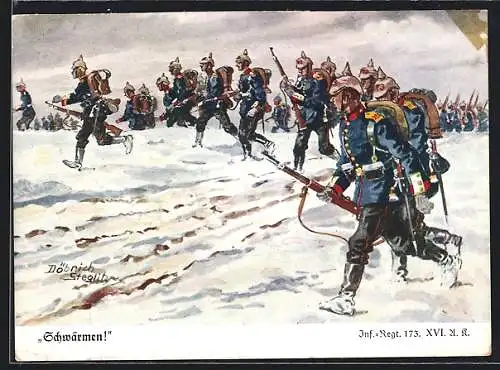Künstler-AK Döbrich-Steglitz: Infanterie-Soldaten marschieren durch Schnee & Matsch, Uniform Inf.-Regt. 173