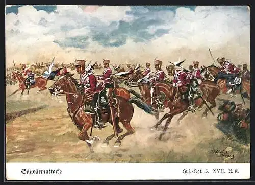 Künstler-AK Döbrich-Steglitz: Schwärmattacke, Husaren-Regiment 5. XVII