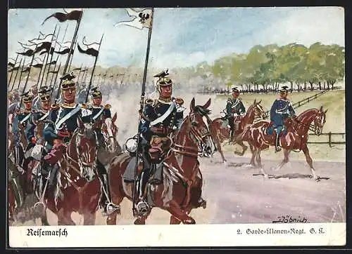 Künstler-AK Döbrich-Steglitz: Reisemarsch, 2. Garde-Ulanen-Regiment