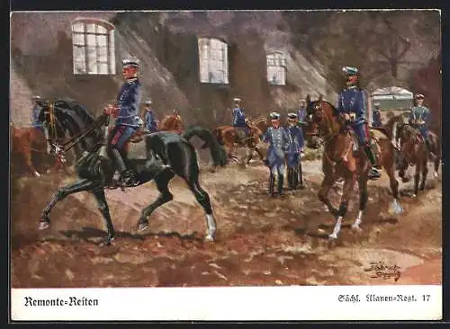 Künstler-AK Döbrich-Steglitz: Remonte-Reiten, Sächs. Ulanen-Rgt. 17