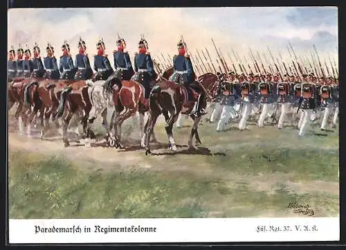 Künstler-AK Döbrich-Steglitz: Parademarsch in der Regimentskolonne, Füs.-Regt. 37