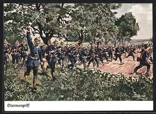 Künstler-AK Döbrich-Steglitz: Infanterie beim Sturmangriff