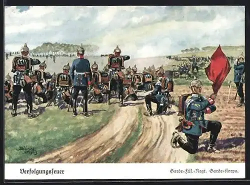 Künstler-AK Döbrich-Steglitz: Soldaten legen Verfolgungsfeuer, Garde Füsilier Regiment, Garde Korps