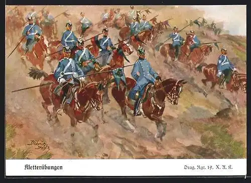 Künstler-AK Döbrich-Steglitz: Kletterübungen, Kavalleristen des Dragoner Regiment 19 reiten einen Hang hinab