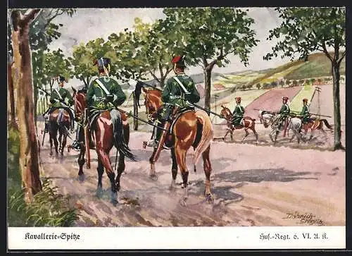 Künstler-AK Döbrich-Steglitz: Kavallerie-Spitze, Husaren-Regiment 6. VI. A.k.