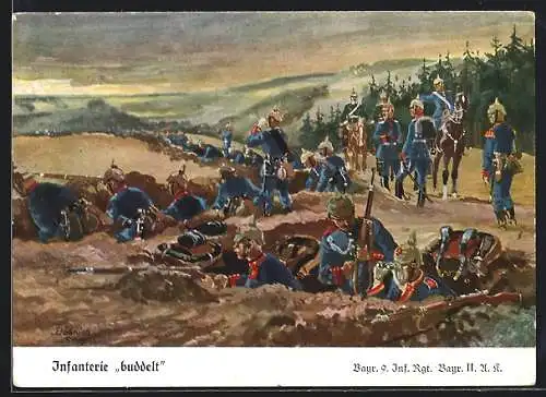 Künstler-AK Döbrich-Steglitz: Infanterie buddelt, Bayr. 9. Inf. Rgt. Bayr. II. U. R.