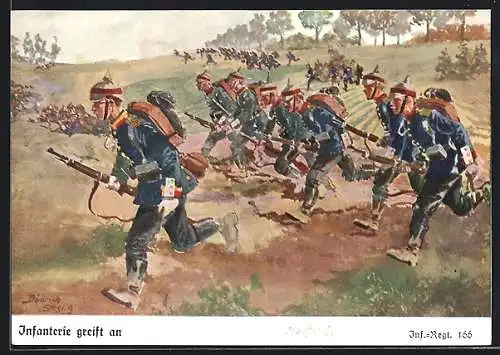 Künstler-AK Döbrich-Steglitz: Infanterie greift an, Inf.-Rgt. 166