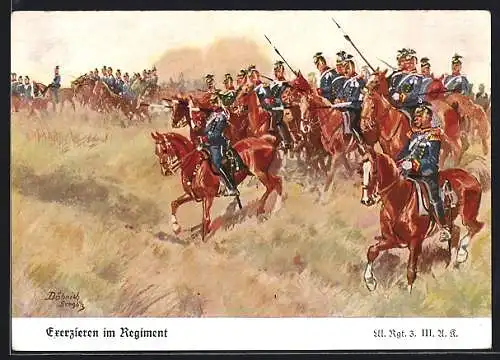 Künstler-AK Döbrich-Steglitz: Exerzieren im Regiment, Ulanen Regt. 3. III.