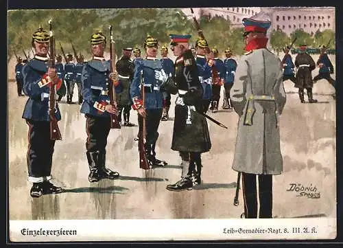 Künstler-AK Döbrich-Steglitz: Einzelexerzieren, Soldat des Leib-Grenadier-Regiment 8 beim exerzieren