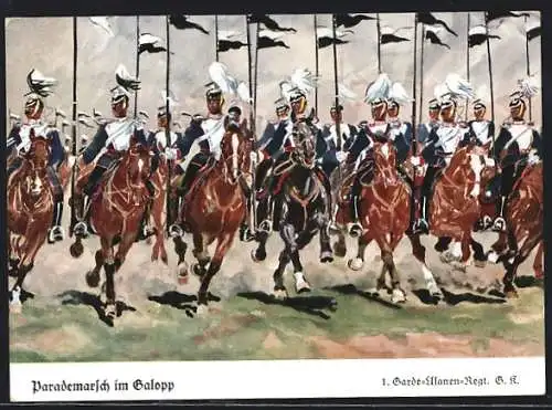 Künstler-AK Döbrich-Steglitz: Parademarsch im Galopp, 1. Garde-Ulanen-Regt. G. K.