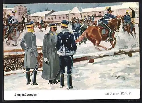 Künstler-AK Döbrich-Steglitz: Husaren-Regiment 15 bei Lanzenübungen