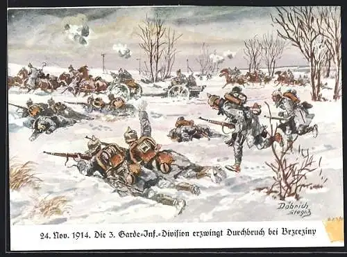 Künstler-AK Döbrich-Steglitz: 24 Nov. 1914, 3. Garde Infanterie Division erzwingt Durchbruch bei Brzeziny