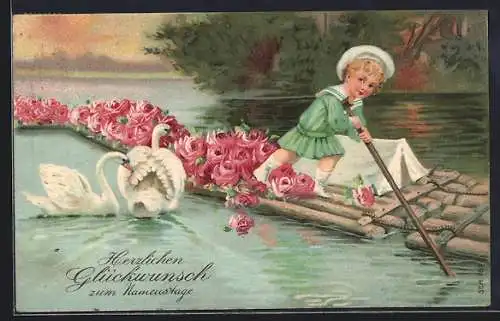 Präge-AK Kleines Kind auf Floss mit Rosen, Schwäne, Namenstagsgruss