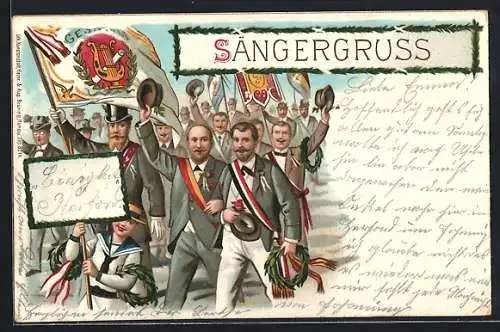 Lithographie Sängergruss, Festumzug beim Sängerfest