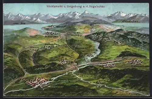 Künstler-AK Eugen Felle: Vöcklamarkt, Ortsansicht mit Umgebung aus der Vogelschau, Attersee, Alpen