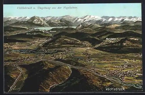 AK Vöcklabruck und umliegende Städte aus der Vogelperspektive, Gmunden, Aurach, Deutenham, Attnang