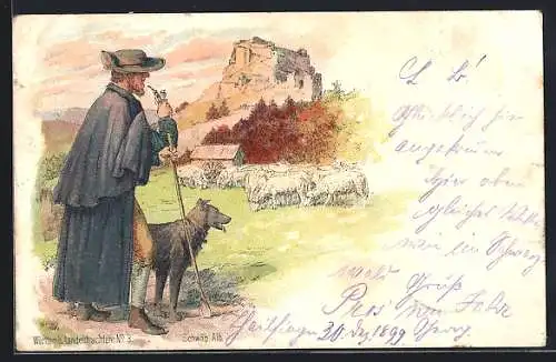 Lithographie Schäfer mit Hund auf der Weide, schwäbische Tracht