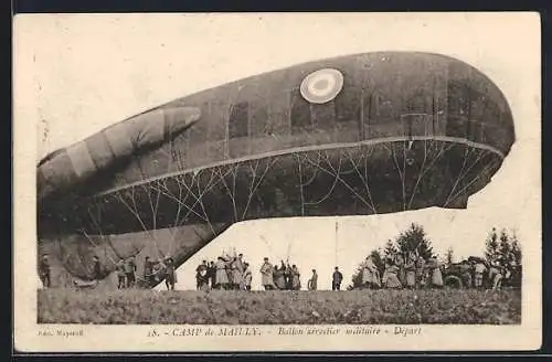 AK Camp de Mailly, Ballon aerostier militaire, Depart