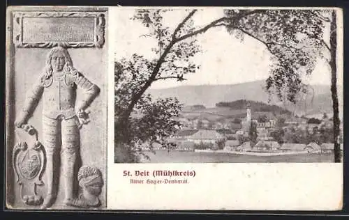 AK St. Veit i. Mühlkreis, Panorama und Ritter Hager-Denkmal