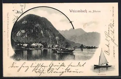 AK Weissenbach am Attersee, Segelboot, Berg mit Dampfer