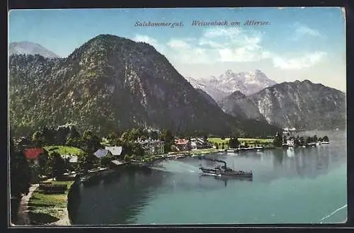 AK Weissenbach am Attersee, Ortsansicht mit Bergpanorama