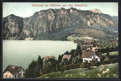 AK Unterach am Attersee, Gesamtansicht mit dem Schafberg