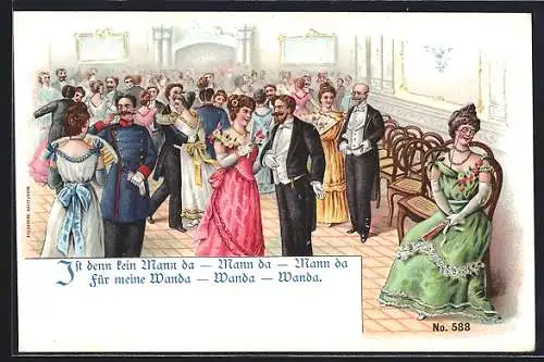 Lithographie Dame findet keinen Tanzpartner bei einem Ball