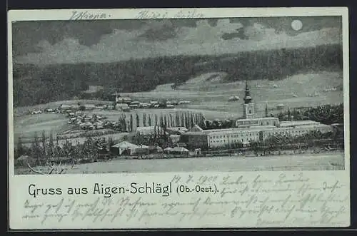 Mondschein-AK Schlägl-Aigen /Ob.-Oest., Blick auf den Ort