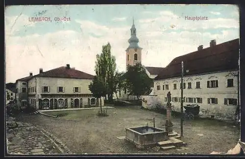 AK Lembach, Hauptplatz mit Brunnen & Kirche