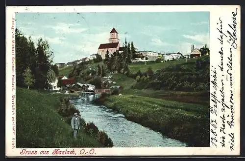 AK Haslach /O.-Ö., Ortsansicht vom Fluss aus