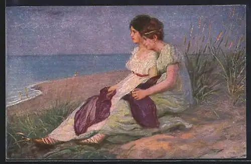 Künstler-AK sign. Adolf Hering: Zwei Frauen geniessen den lauen Abend am Strand