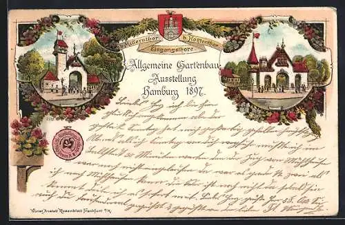 Lithographie Hamburg, Allgemeine Gartenbau-Ausstellung 1897, Eingangsthore Millernthor und Holstenthor