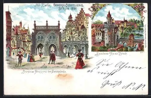 Lithographie Berlin, Gewerbe-Ausstellung 1896, Spandauer Strasse mit der Gerichtslaube, Spandauer Thor mit Brücke