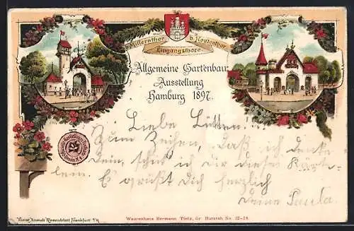 Lithographie Hamburg, Allgemeine Gartenbau-Ausstellung 1897, Millernthor und Holstenthor