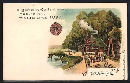 Lithographie Hamburg, Allgemeine Gartenbau-Ausstellung 1897, Gasthaus Zur Waldschenke