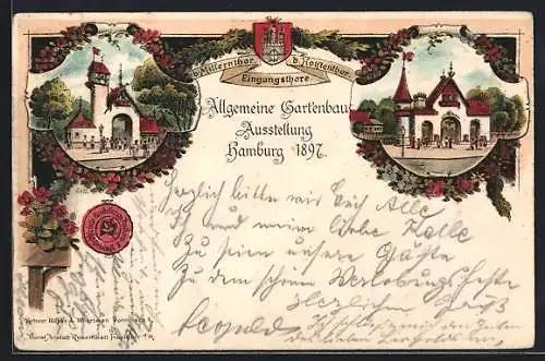 Lithographie Hamburg, Allgemeine Gartenbau-Ausstellung 1897, Eingangstore Millerntor und Holstentor