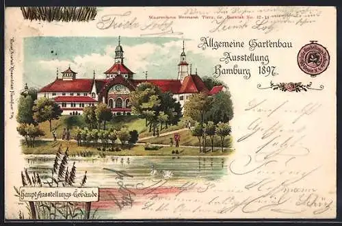 Lithographie Hamburg, Allgemeine Gartenbau-Ausstellung 1897, Haupt-Ausstellungs-Gebäude