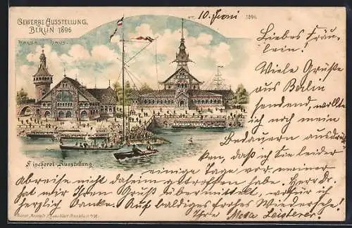 Lithographie Berlin, Gewerbe-Ausstellung 1896, Fischerei-Ausstellung am Hansa-Haus