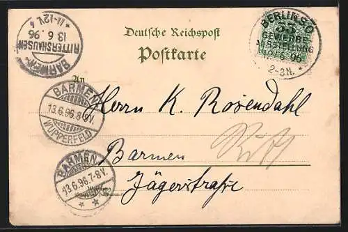 Lithographie Berlin, Berliner Gewerbe-Ausstellung 1896, Gebäude für Schul- und Wohlfahrts-Einrichtung, Karpfenteich