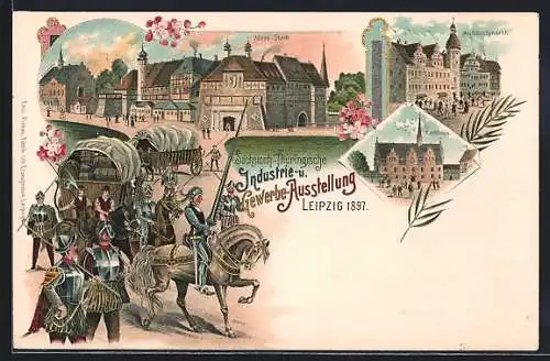 Lithographie Leipzig, Sächsische-Thüringische Industrie-u. Gewerbe-Ausstellung 1897, Am Naschmarkt, Mess-Stadt