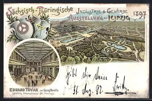 Lithographie Leipzig, Sächsisch-Thüringische Industrie- & Gewerbe-Ausstellung 1897, Geschäft Eduard Tovar, Petersstrasse