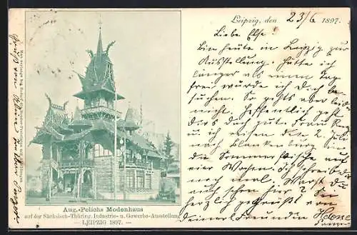Lithographie Leipzig, Sächsisch-Thüringische Industrie- & Gewerbe-Ausstellung 1897, Aug. Polich`s Modehaus