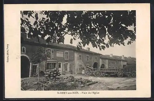 AK St-Rémy-aux-Bois, Place de l`Église avec charrettes et bâtiments anciens