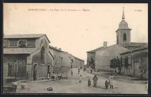 AK Bernécourt, La Place de la Fontaine et l`Église