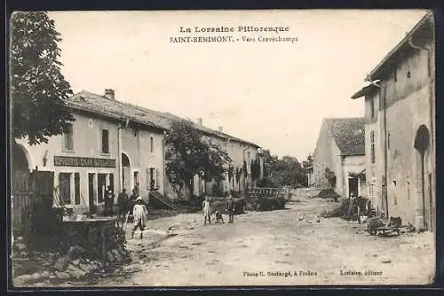 AK Saint-Remimont, Rue vers Crevéchamps avec épicerie et habitants