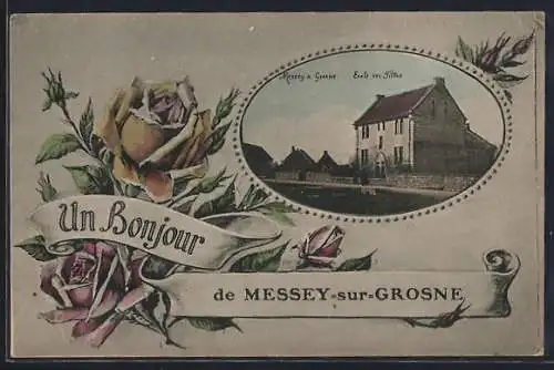 AK Messey-sur-Grosne, École avec fleurs et message Un Bonjour